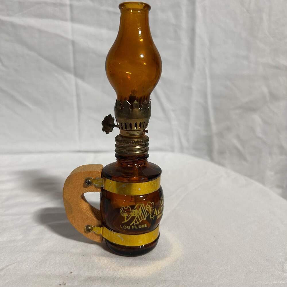 Vintage Great Adventure Jackson New Jersey Amber Glass Miniature Oil Lamp
